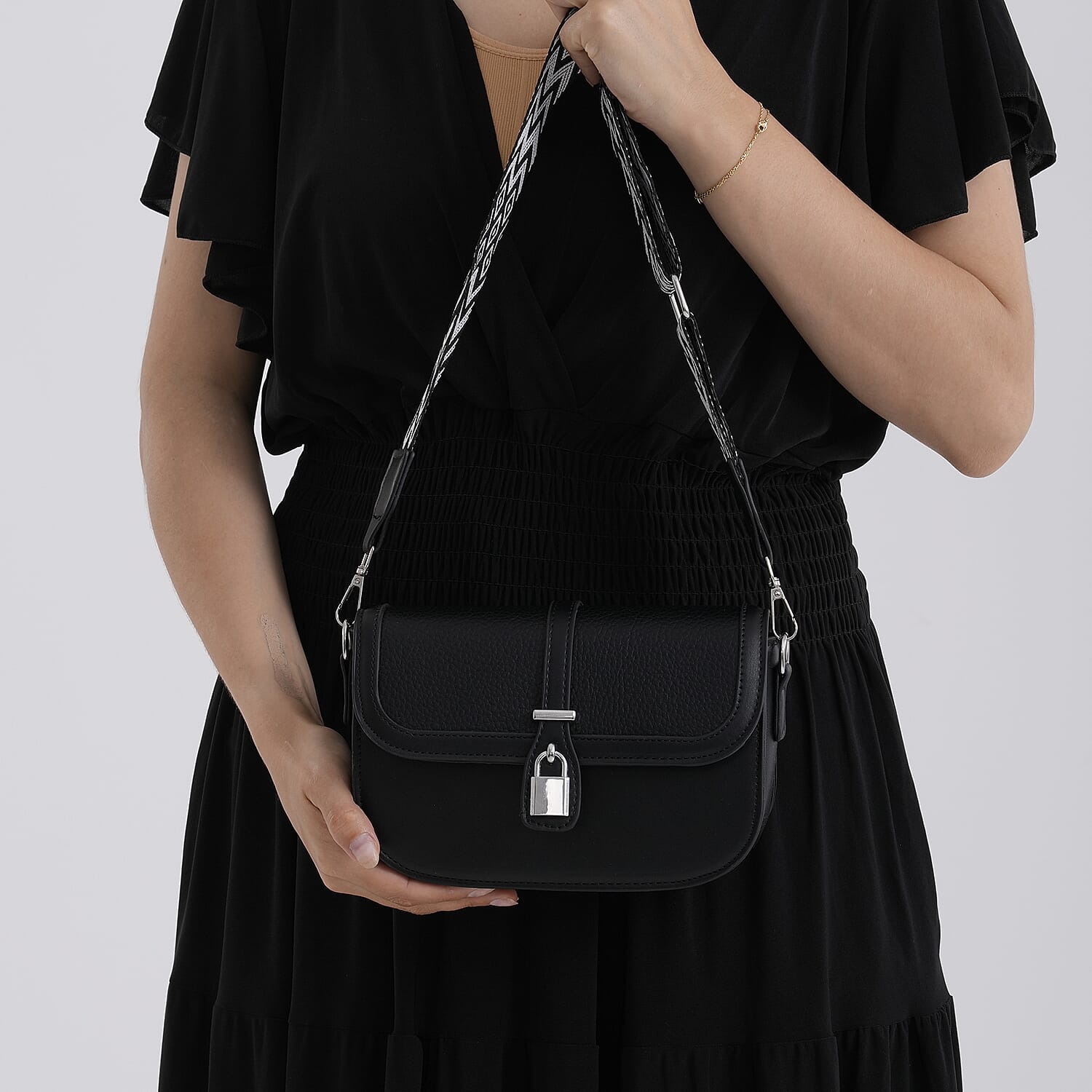 Designer Inspired Structured Crossbody Flapover Bag with Patterned Strap and Metallic Padlock - Black