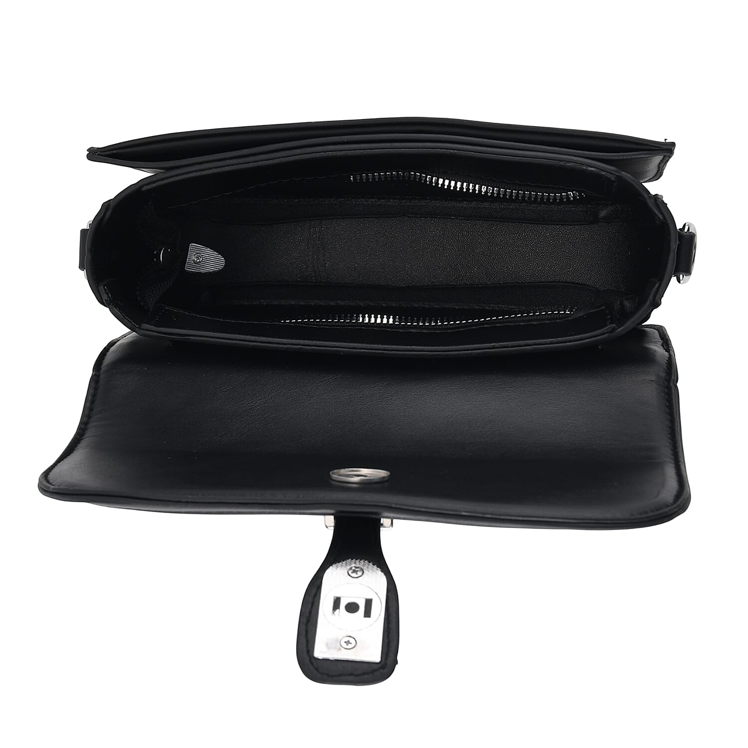 Designer Inspired Structured Crossbody Flapover Bag with Patterned Strap and Metallic Padlock - Black