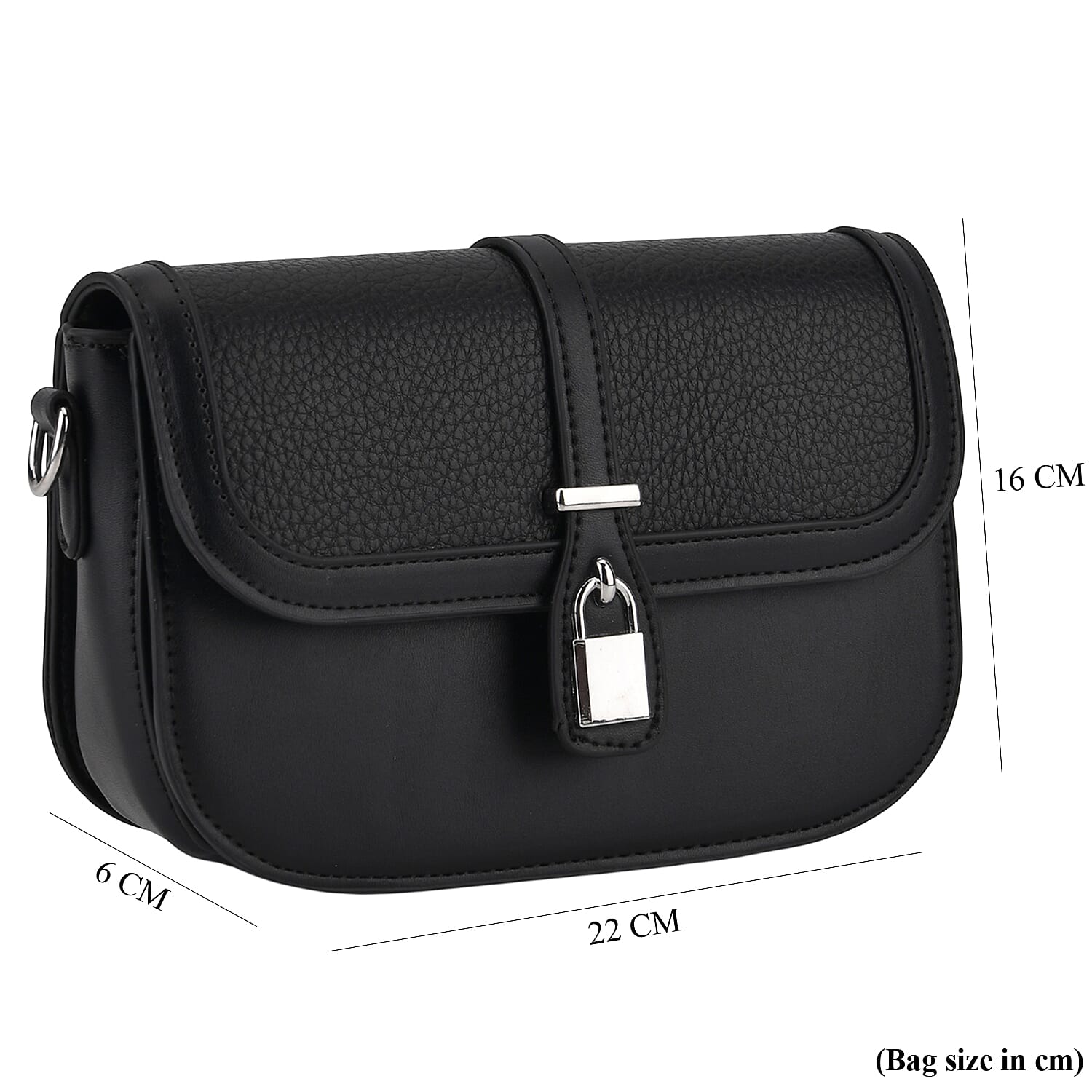 Designer Inspired Structured Crossbody Flapover Bag with Patterned Strap and Metallic Padlock - Black