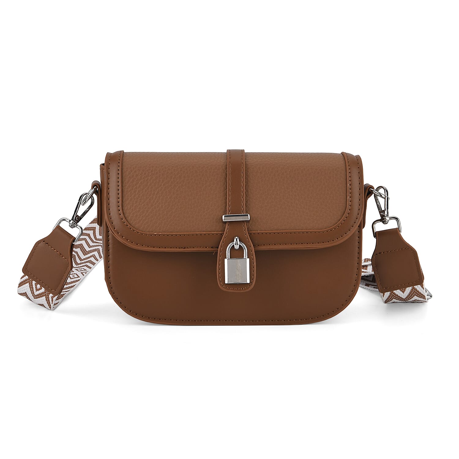 Designer Inspired Structured Crossbody Flapover Bag with Patterned Strap and Metallic Padlock - Brown