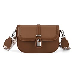 Designer Inspired Structured Crossbody Flapover Bag with Patterned Strap and Metallic Padlock - Brown