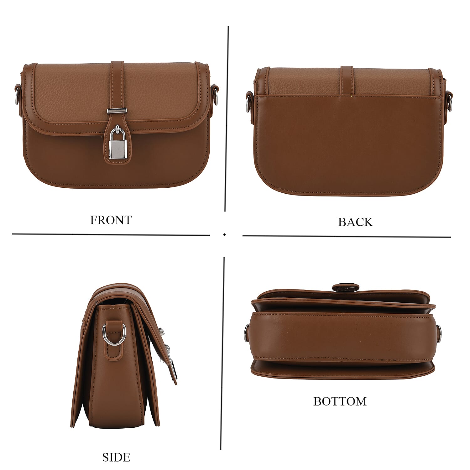 Designer Inspired Structured Crossbody Flapover Bag with Patterned Strap and Metallic Padlock - Brown