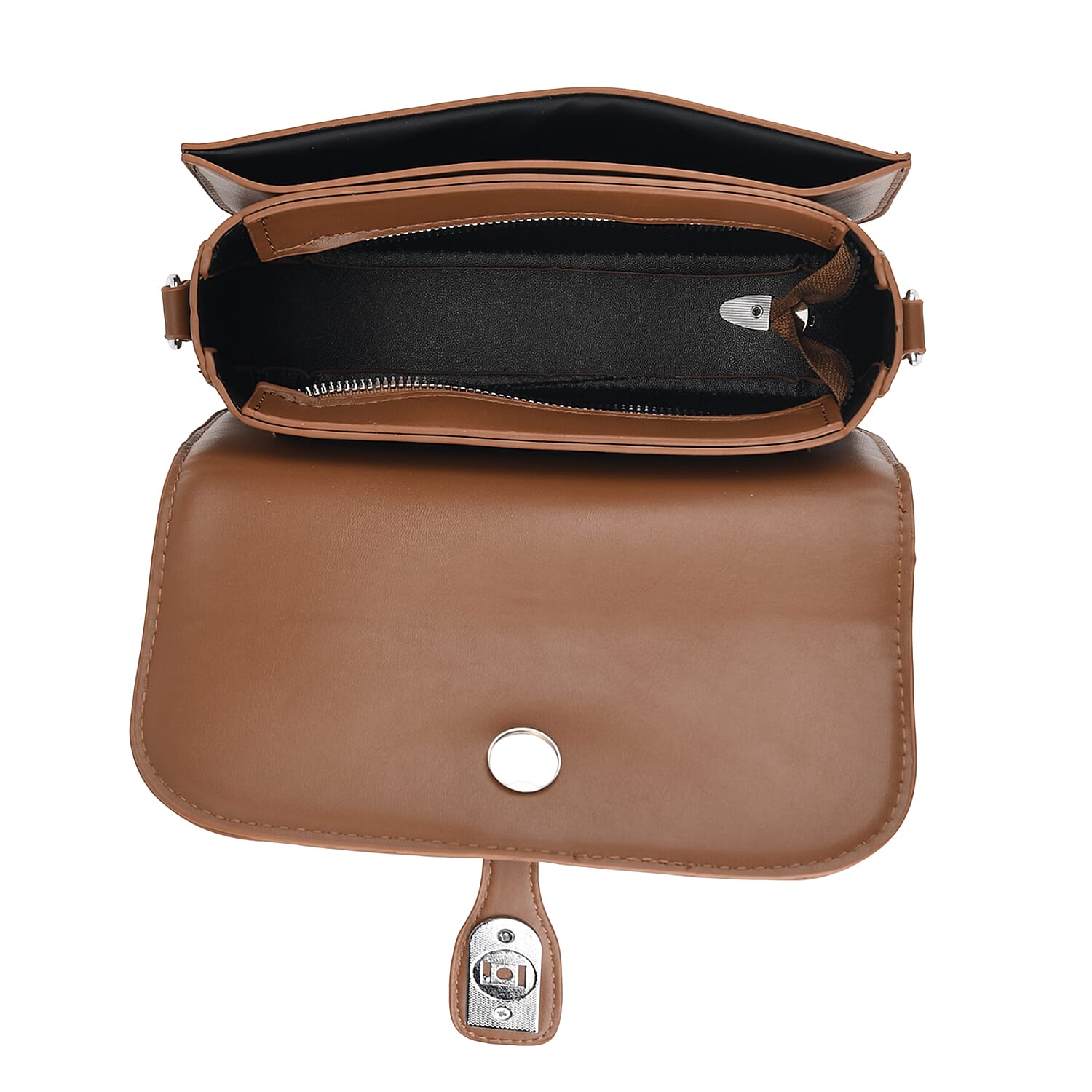 Designer Inspired Structured Crossbody Flapover Bag with Patterned Strap and Metallic Padlock - Brown