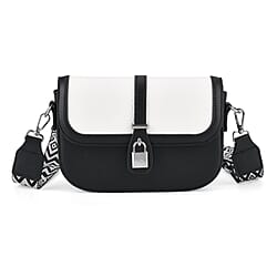 Designer Inspired Structured Crossbody Flapover Bag with Patterned Strap and Metallic Padlock - Black