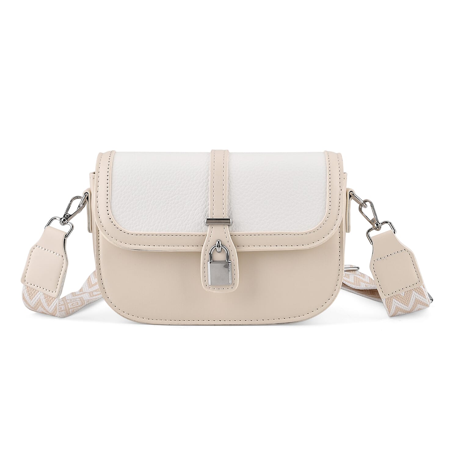 Designer Inspired Structured Crossbody Flapover Bag with Patterned Strap and Metallic Padlock - Off White