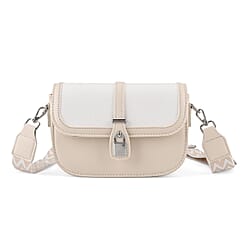 Designer Inspired Structured Crossbody Flapover Bag with Patterned Strap and Metallic Padlock - Off White
