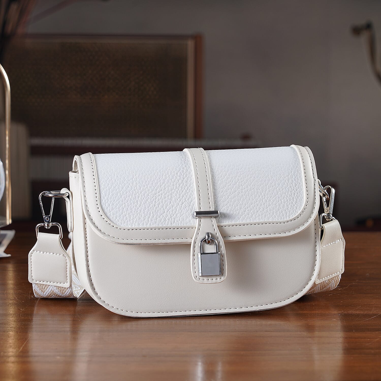 Designer Inspired Structured Crossbody Flapover Bag with Patterned Strap and Metallic Padlock - Off White