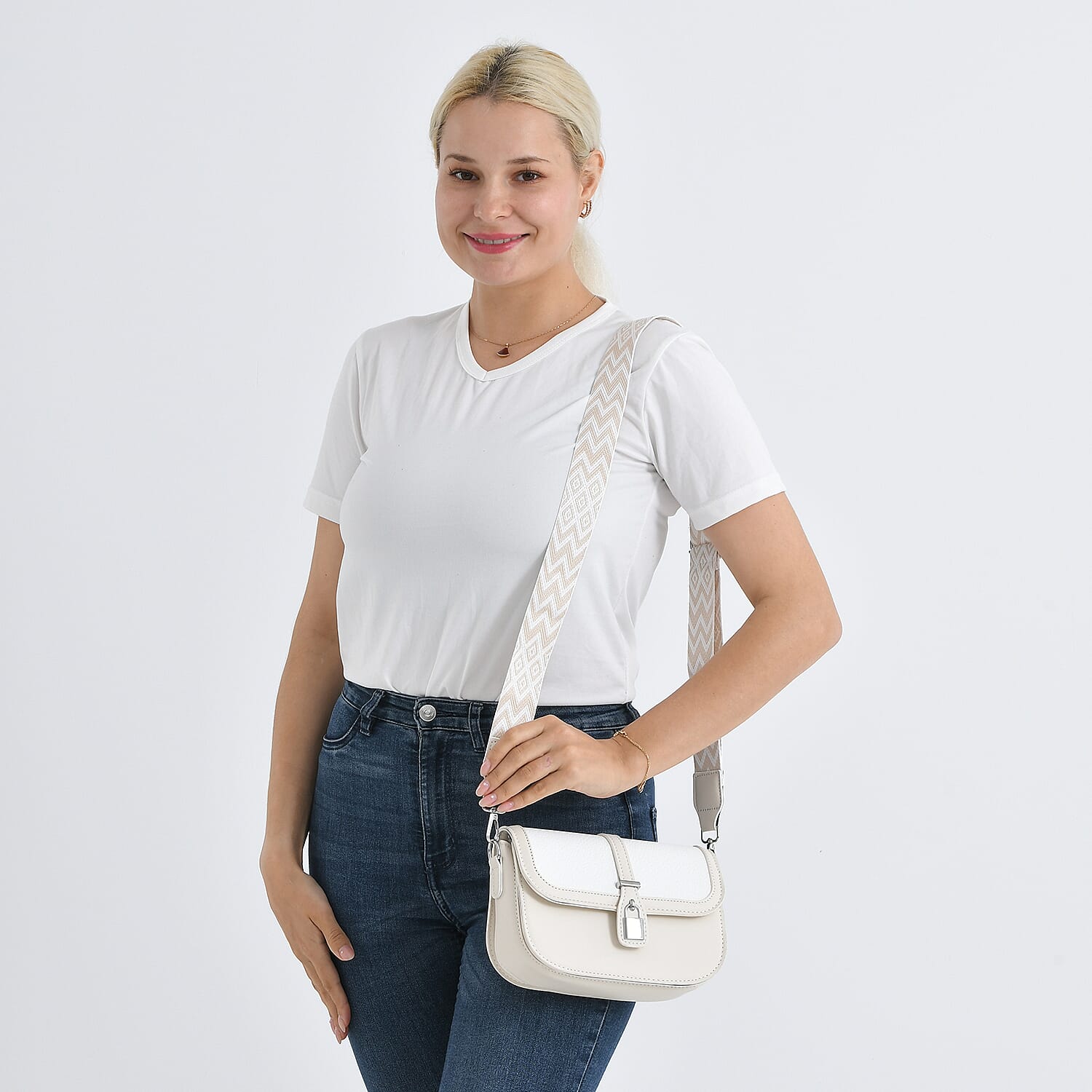 Designer Inspired Structured Crossbody Flapover Bag with Patterned Strap and Metallic Padlock - Off White