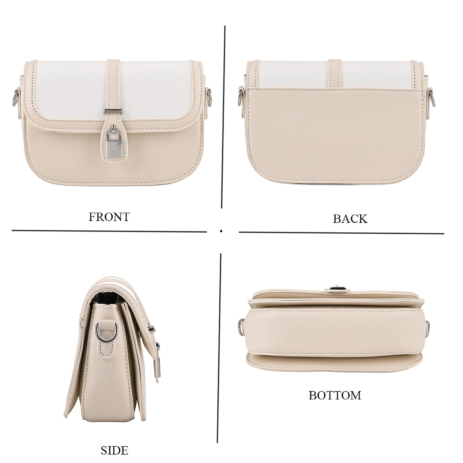 Designer Inspired Structured Crossbody Flapover Bag with Patterned Strap and Metallic Padlock - Off White