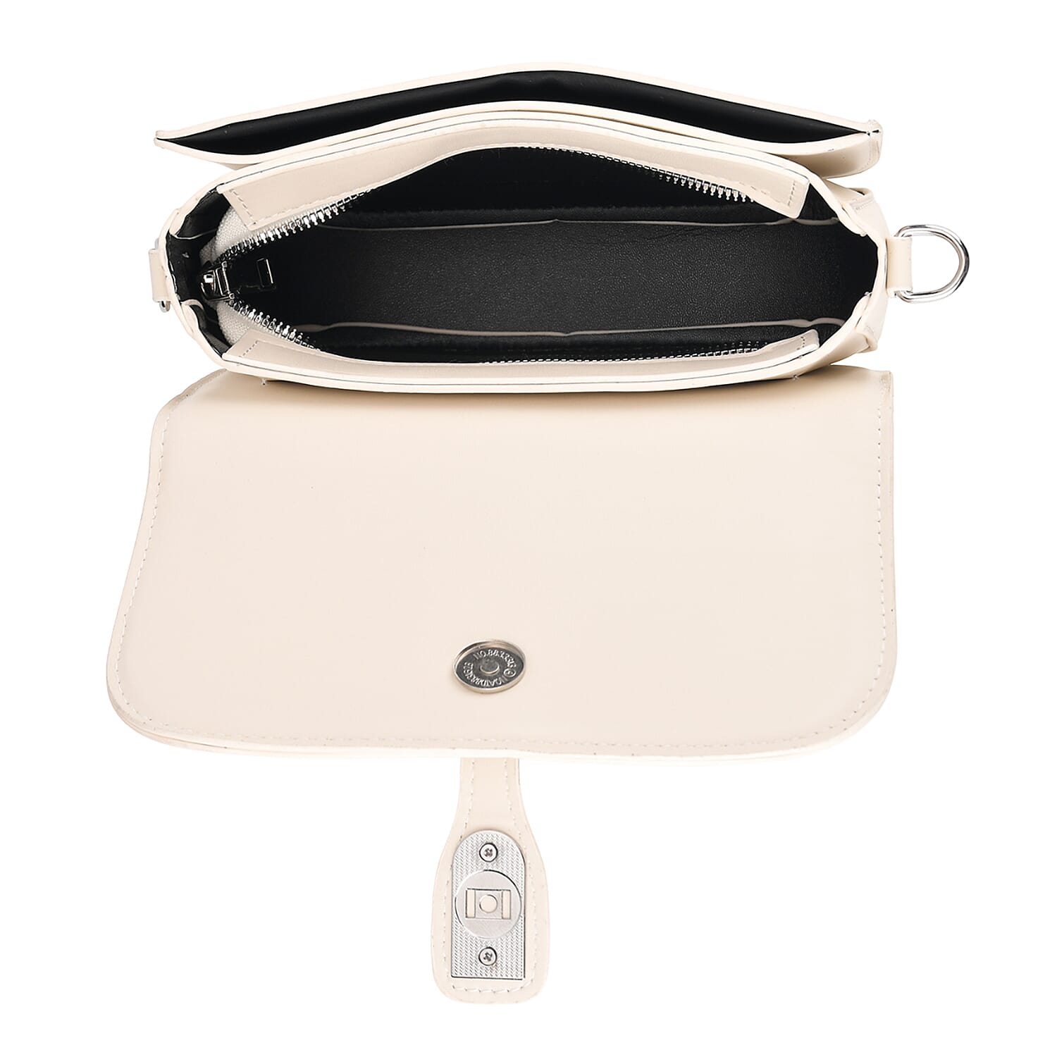 Designer Inspired Structured Crossbody Flapover Bag with Patterned Strap and Metallic Padlock - Off White