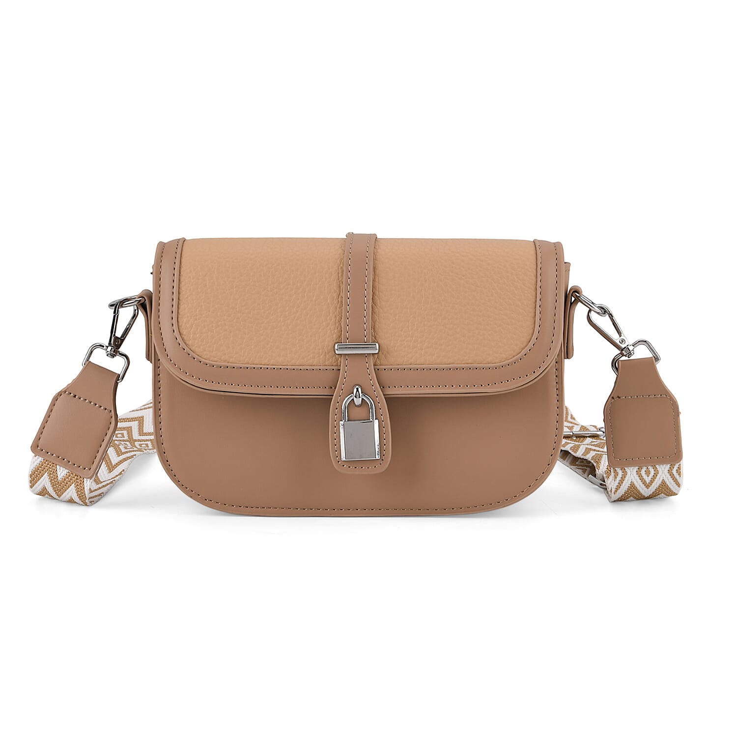 Designer Inspired Structured Crossbody Flapover Bag with Patterned Strap and Metallic Padlock - Khaki