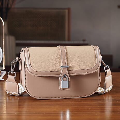 Designer Inspired Structured Crossbody Flapover Bag with Patterned Strap and Metallic Padlock - Khaki