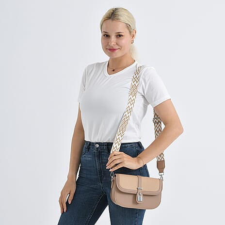 Designer Inspired Structured Crossbody Flapover Bag with Patterned Strap and Metallic Padlock - Khaki