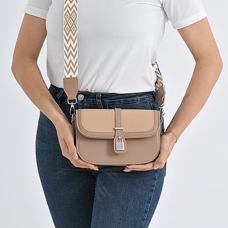 Designer Inspired Structured Crossbody Flapover Bag with Patterned Strap and Metallic Padlock - Khaki
