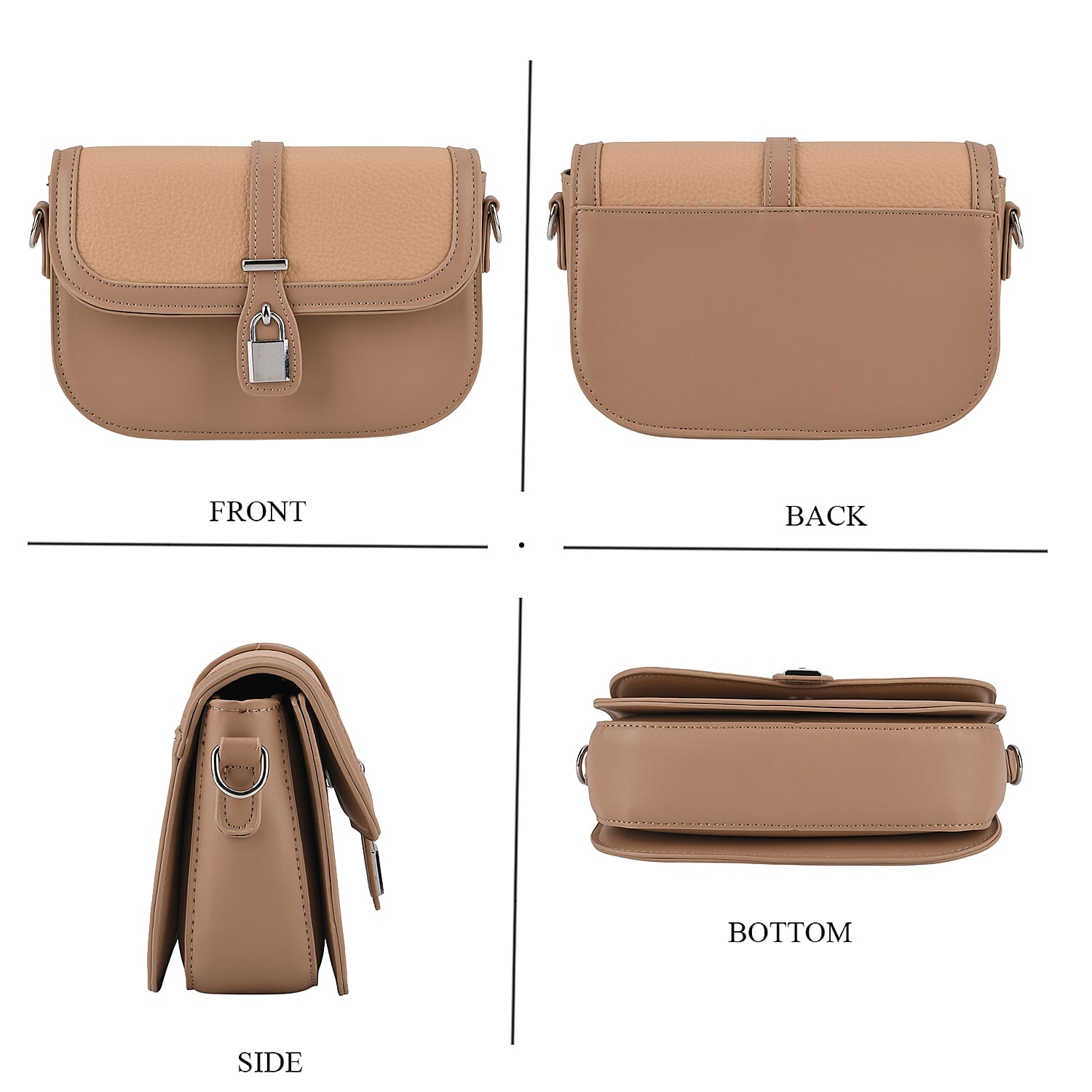 Designer Inspired Structured Crossbody Flapover Bag with Patterned Strap and Metallic Padlock - Khaki