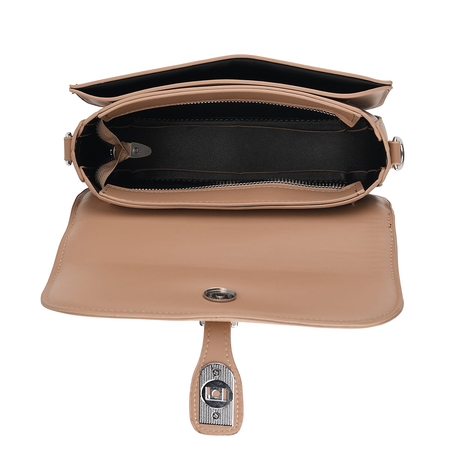 Designer Inspired Structured Crossbody Flapover Bag with Patterned Strap and Metallic Padlock - Khaki