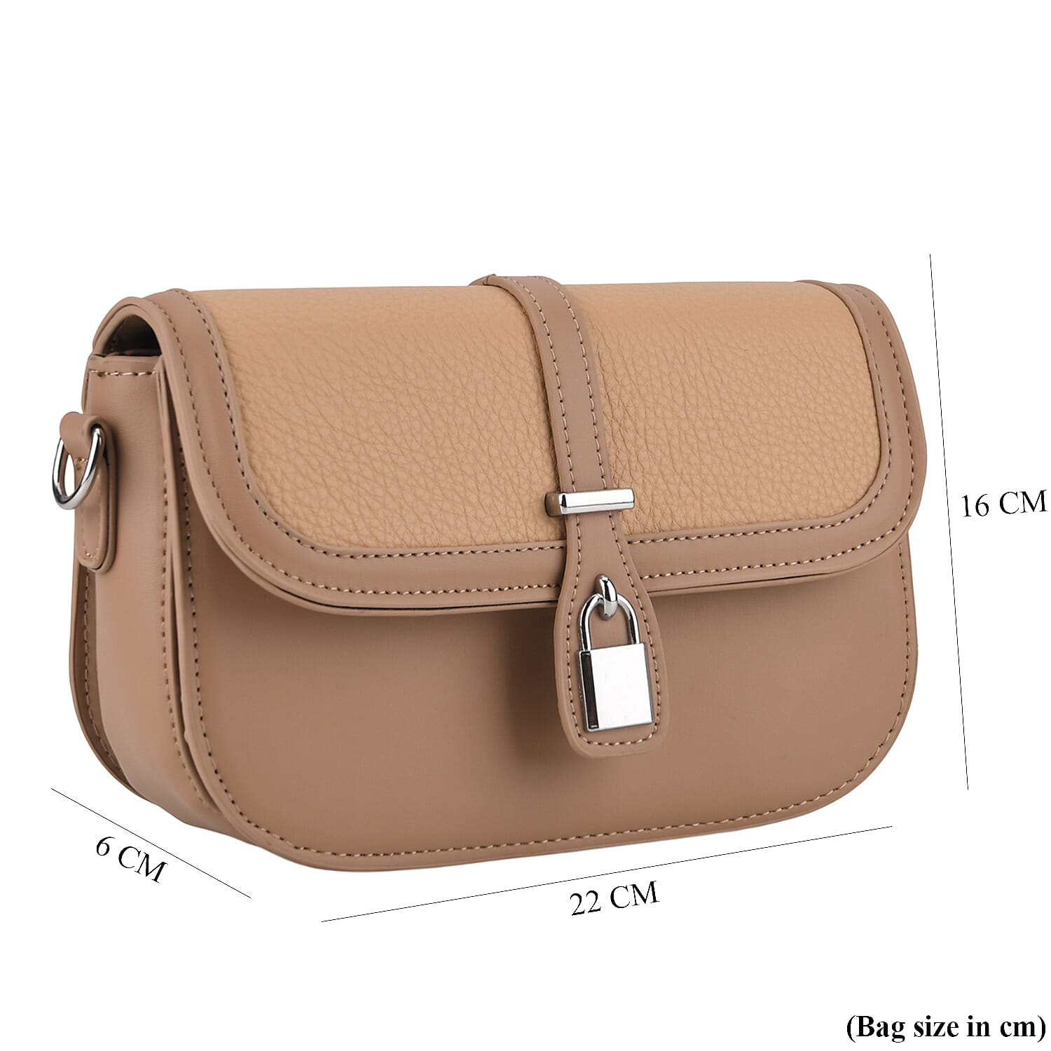 Designer Inspired Structured Crossbody Flapover Bag with Patterned Strap and Metallic Padlock - Khaki