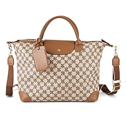 Designer Inspired Monogram Top Handle Luxe Tote Bag with Crossbody Strap - Brown - Beige