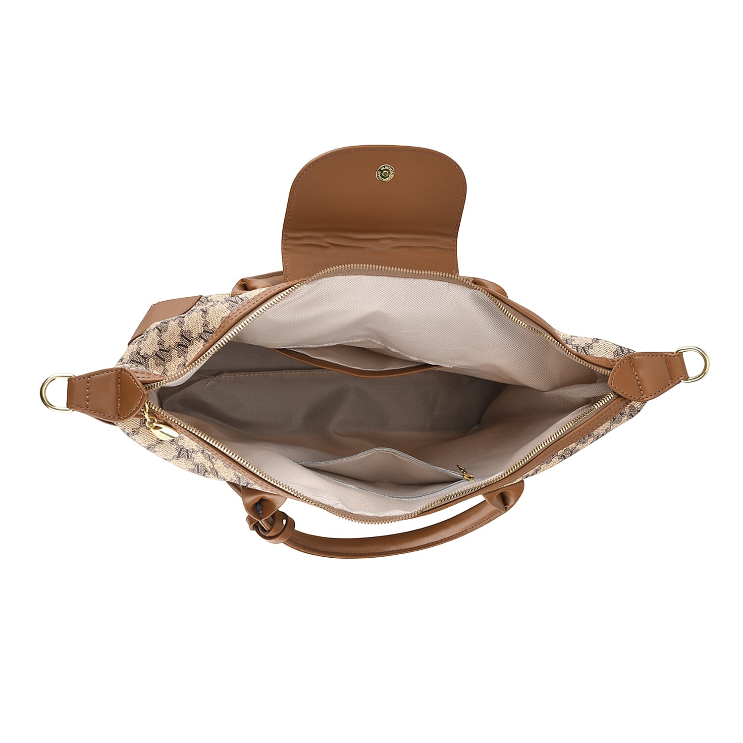 Designer Inspired Monogram Top Handle Luxe Tote Bag with Crossbody Strap - Brown - Beige