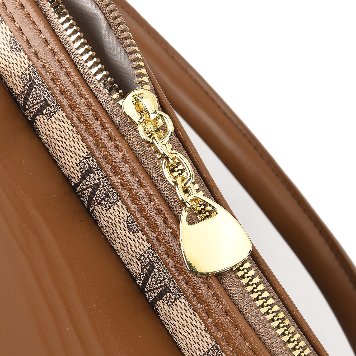 Designer Inspired Monogram Top Handle Luxe Tote Bag with Crossbody Strap - Brown - Beige