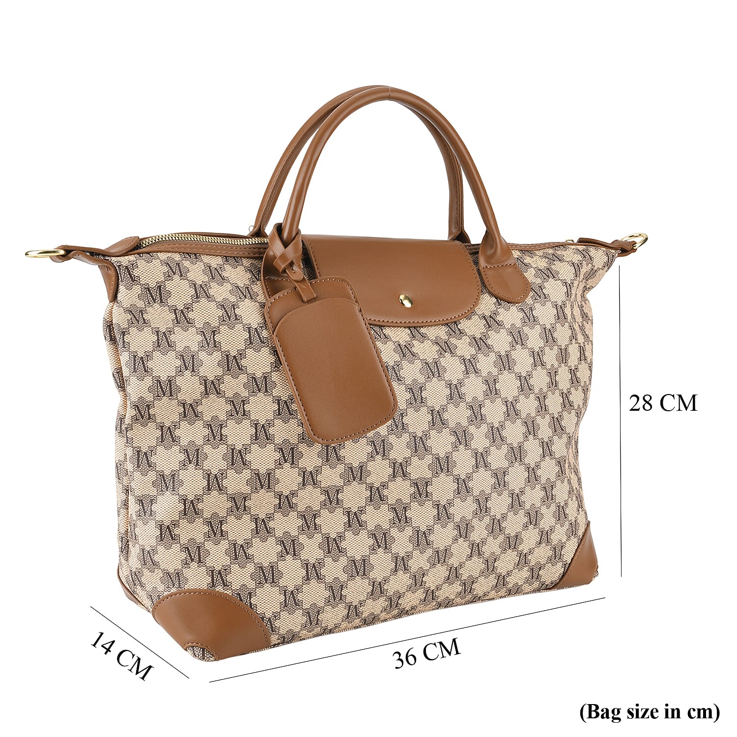 Designer Inspired Monogram Top Handle Luxe Tote Bag with Crossbody Strap - Brown - Beige