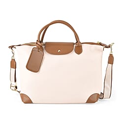 Designer Inspired Top Handle Luxe Tote Bag with Crossbody Strap - Champagne - Light Beige
