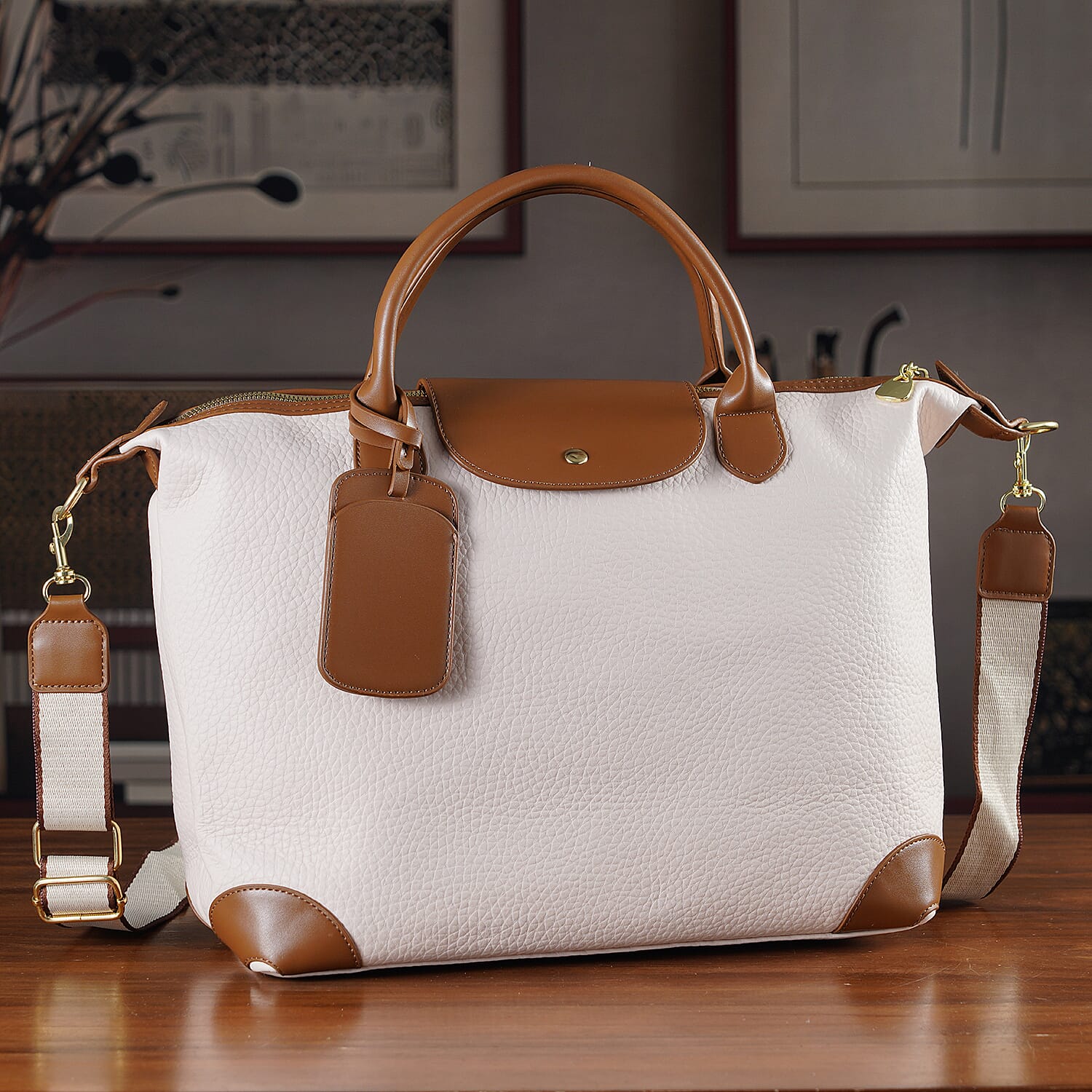 Designer Inspired Top Handle Luxe Tote Bag with Crossbody Strap - Champagne - Light Beige