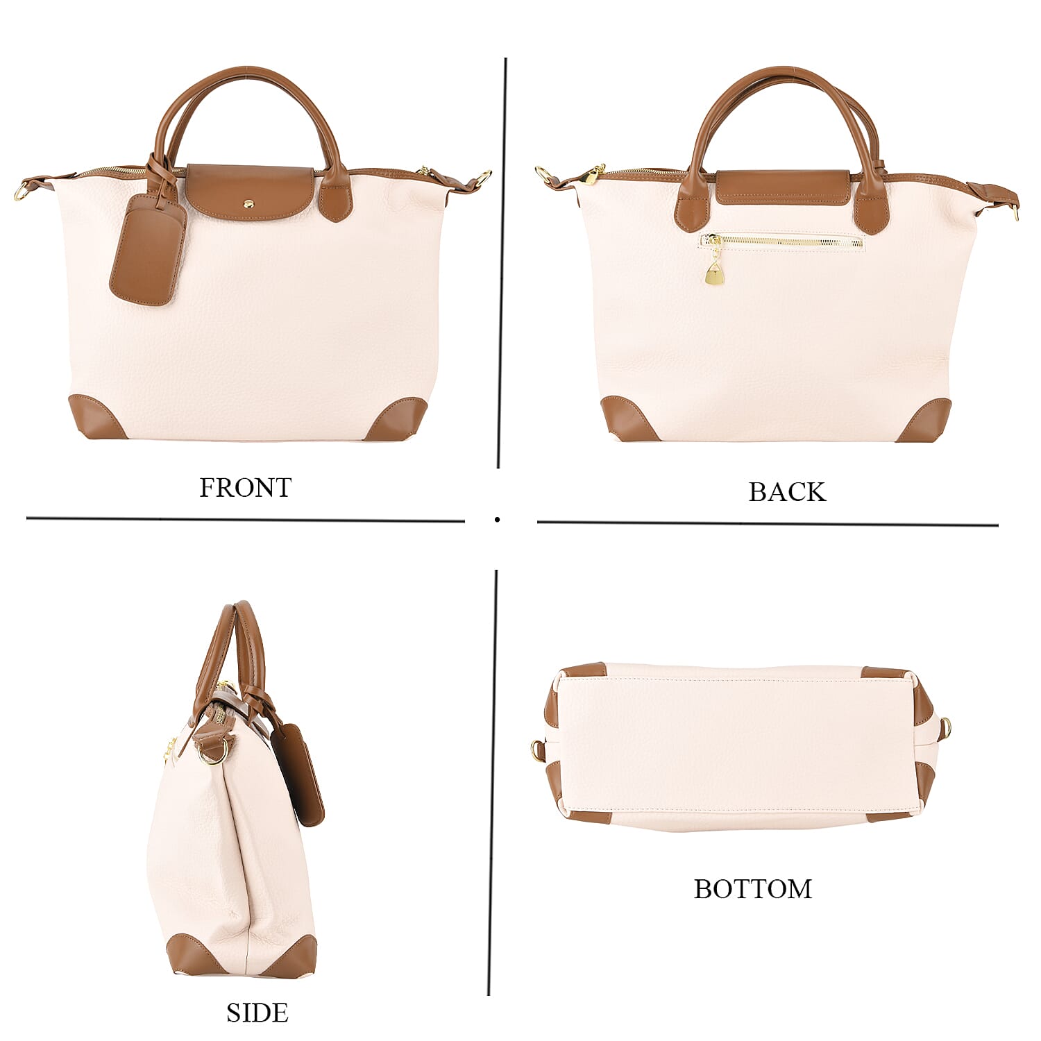 Designer Inspired Top Handle Luxe Tote Bag with Crossbody Strap - Champagne - Light Beige