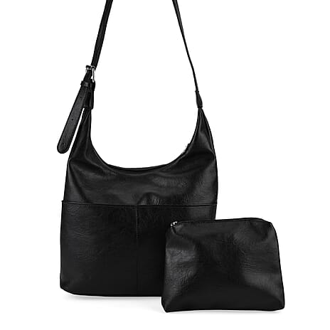 Hobo Multi-Pocket Shoulder Bag With Adjustable Crossbody Strap - Matching Pouch - Black