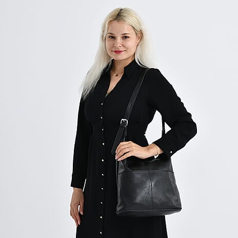 Hobo Multi-Pocket Shoulder Bag With Adjustable Crossbody Strap - Matching Pouch - Black