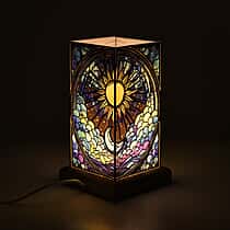 Livmore Sun and Moon Cosmic Stained Painted LED Table Lamp with Ash Wood Base - USB Powered Night Light (17.5cm) - Black