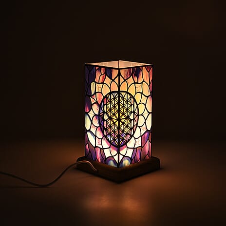 Livmore Floral Stained Painted LED Table Lamp with Ash Wood Base - USB Powered Night Light (17.5cm) - Purple