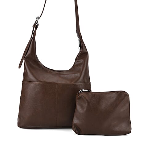 Hobo Multi-Pocket Shoulder Bag With Adjustable Crossbody Strap - Matching Pouch - Coffee