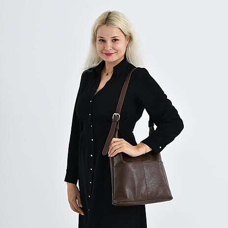 Hobo Multi-Pocket Shoulder Bag With Adjustable Crossbody Strap - Matching Pouch - Coffee