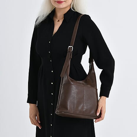 Hobo Multi-Pocket Shoulder Bag With Adjustable Crossbody Strap - Matching Pouch - Coffee