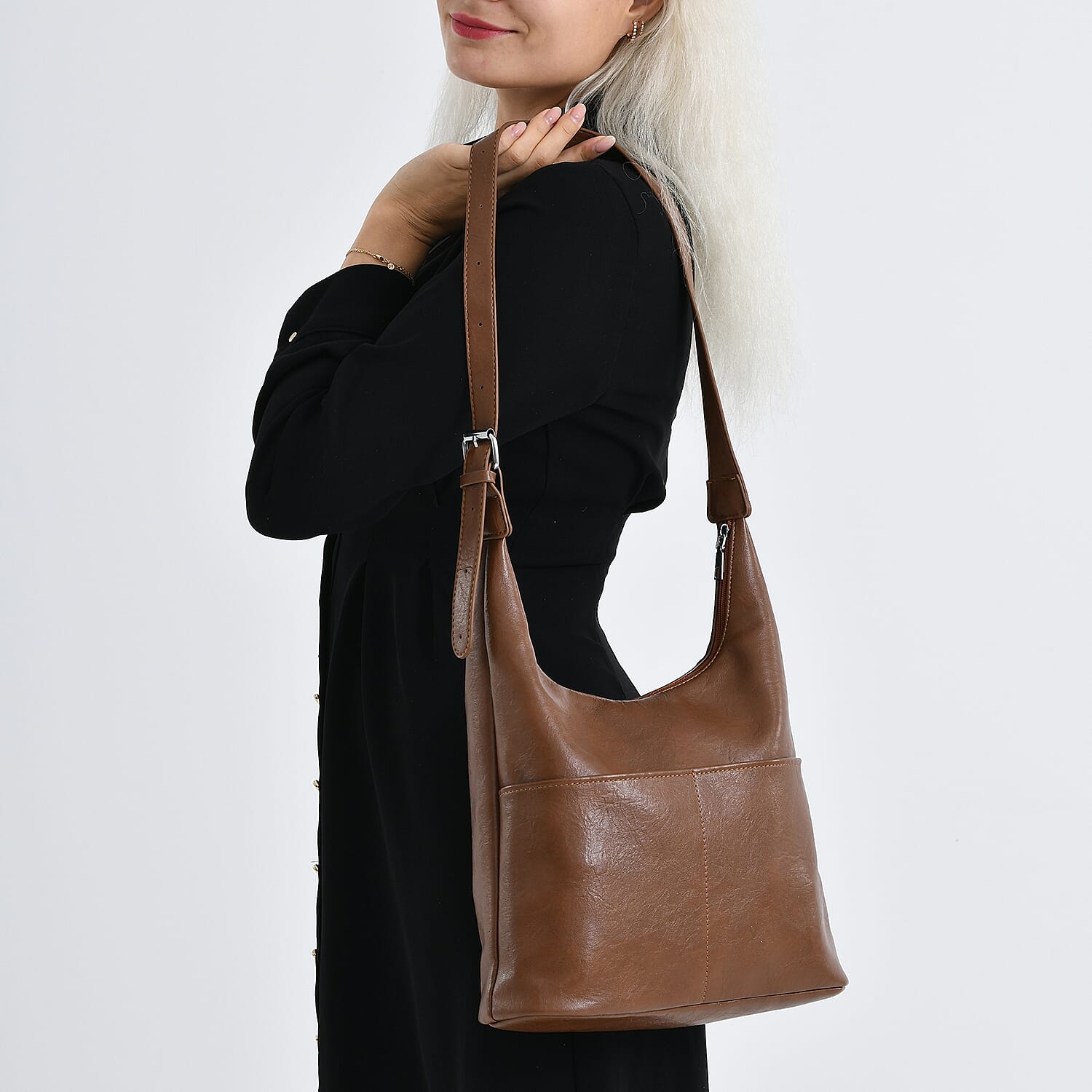 Hobo Multi-Pocket Shoulder Bag With Adjustable Crossbody Strap - Matching Pouch - Brown