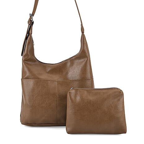 Hobo Multi-Pocket Shoulder Bag With Adjustable Crossbody Strap - Matching Pouch - Khaki