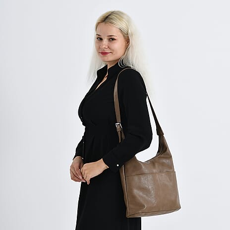 Hobo Multi-Pocket Shoulder Bag With Adjustable Crossbody Strap - Matching Pouch - Khaki