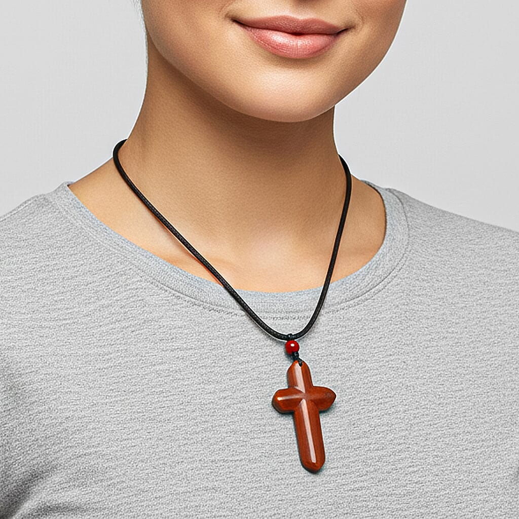 Easter Special-Red Jade Cross Carved Necklace with Adjustable Cotton Thread (Size - 28 inch) 35.00 Ct.