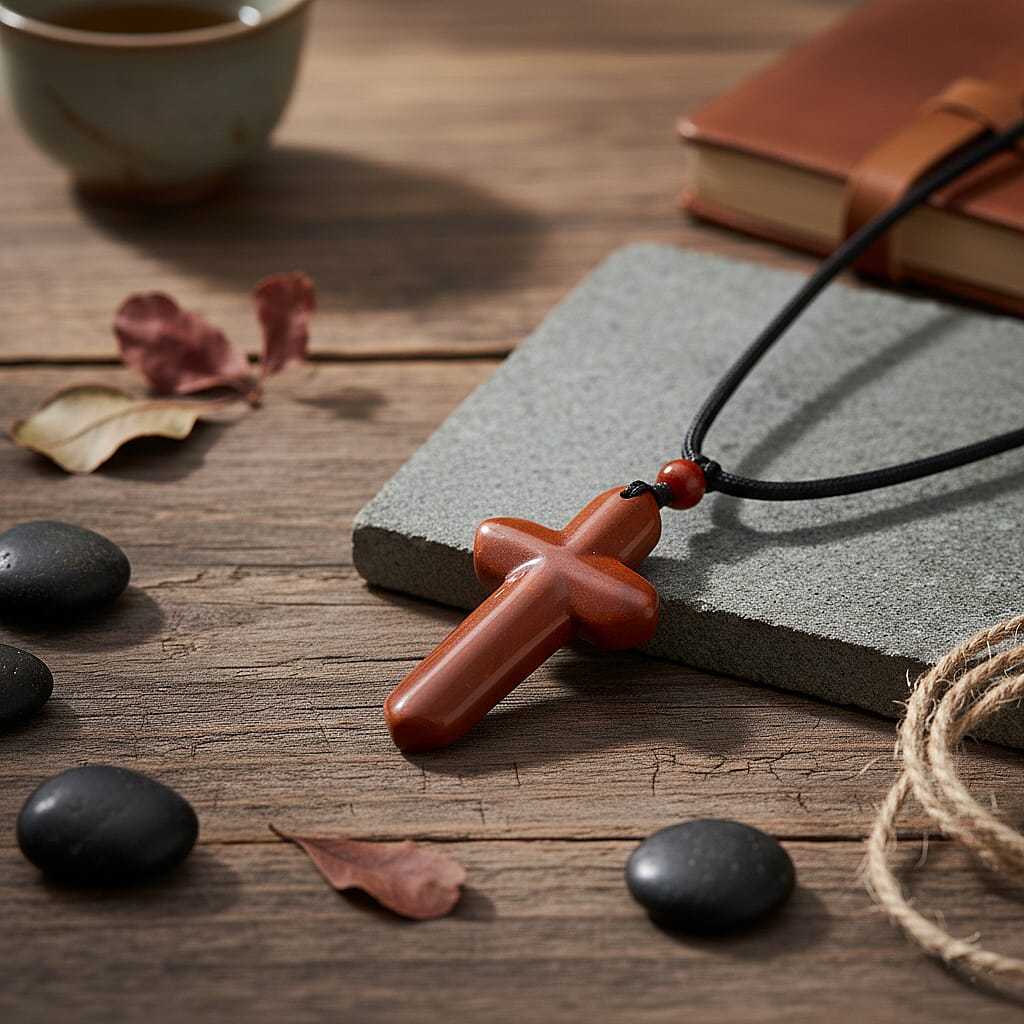 Easter Special-Red Jade Cross Carved Necklace with Adjustable Cotton Thread (Size - 28 inch) 35.00 Ct.