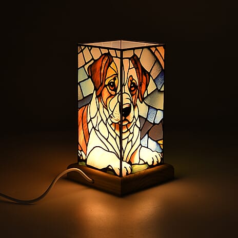 Livmore Cute Dog Cosmic Stained Painted LED Table Lamp with Ash Wood Base - USB Powered Night Light (17.5cm)