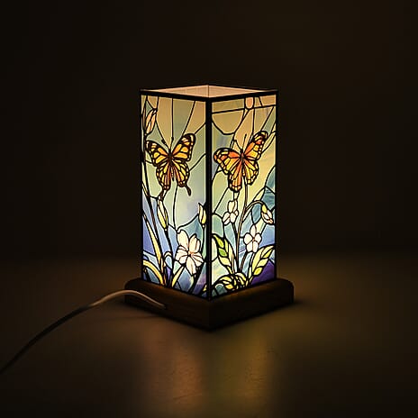 Livmore Butterfly Cosmic Stained Painted LED Table Lamp with Ash Wood Base - USB Powered Night Light (17.5cm)