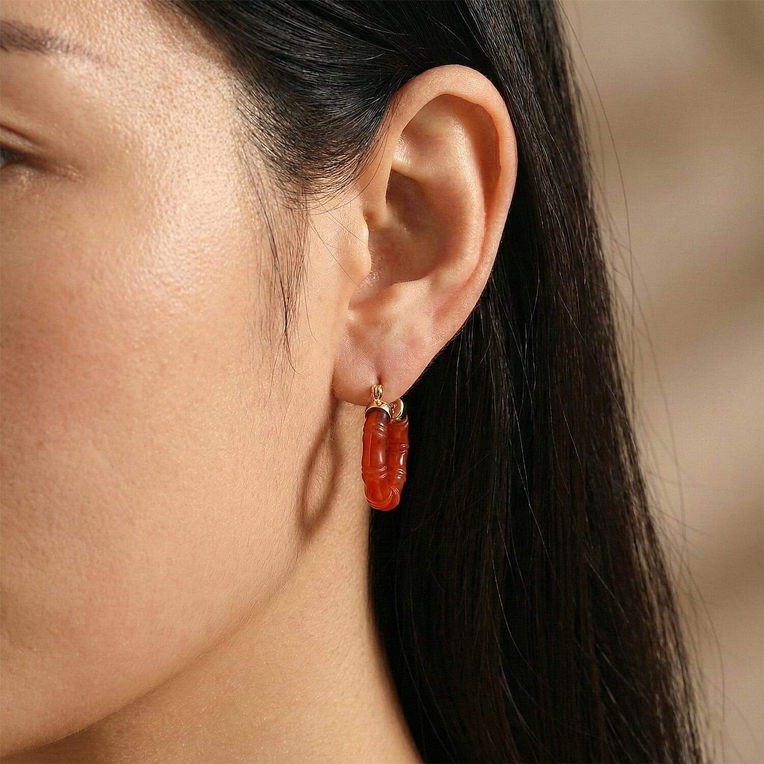 D'Joy Enhanced Natural Red Jade Hoop Earrings with Clasp in Yellow Gold Plated Sterling Silver 20.00 Ct.