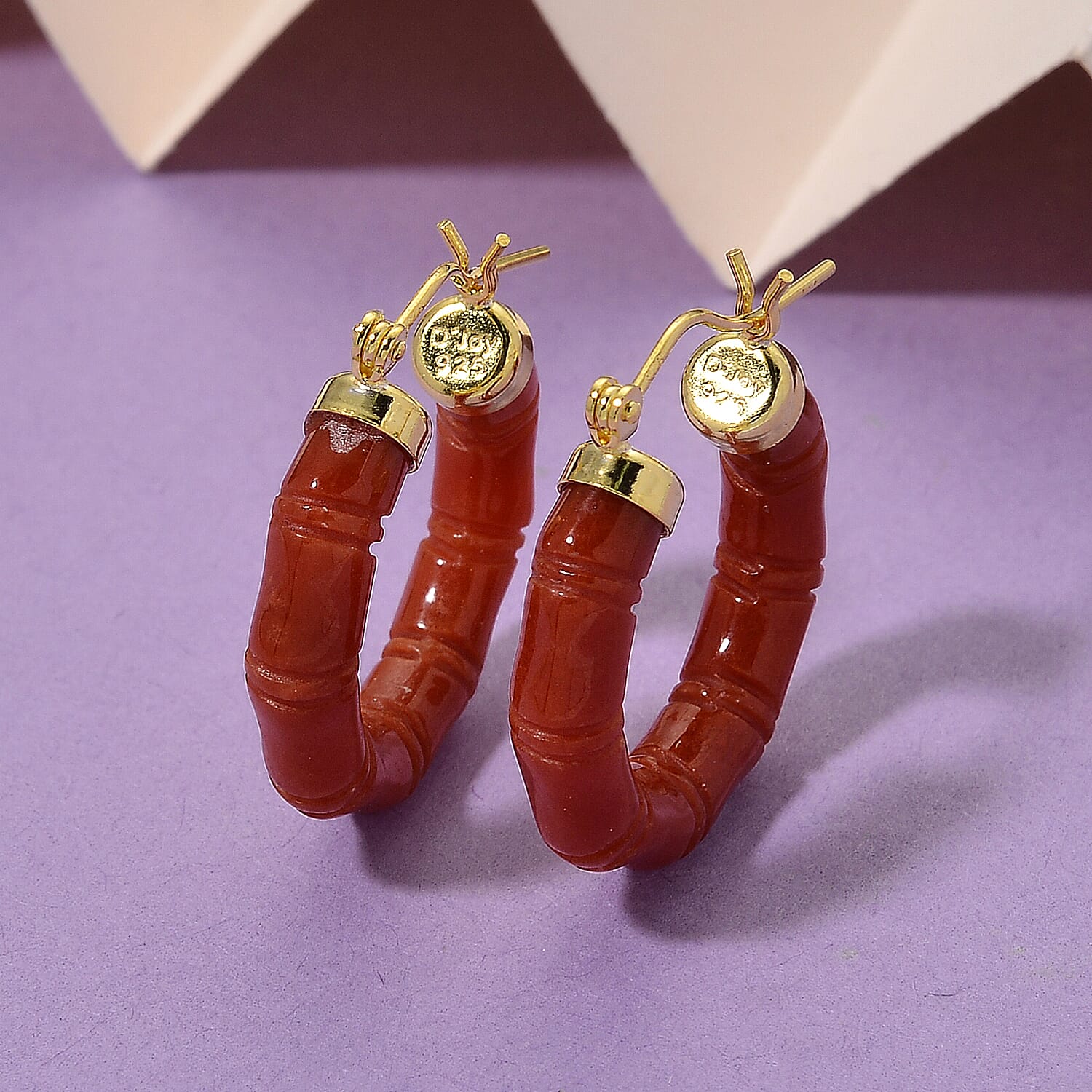 D'Joy Enhanced Natural Red Jade Hoop Earrings with Clasp in Yellow Gold Plated Sterling Silver 20.00 Ct.