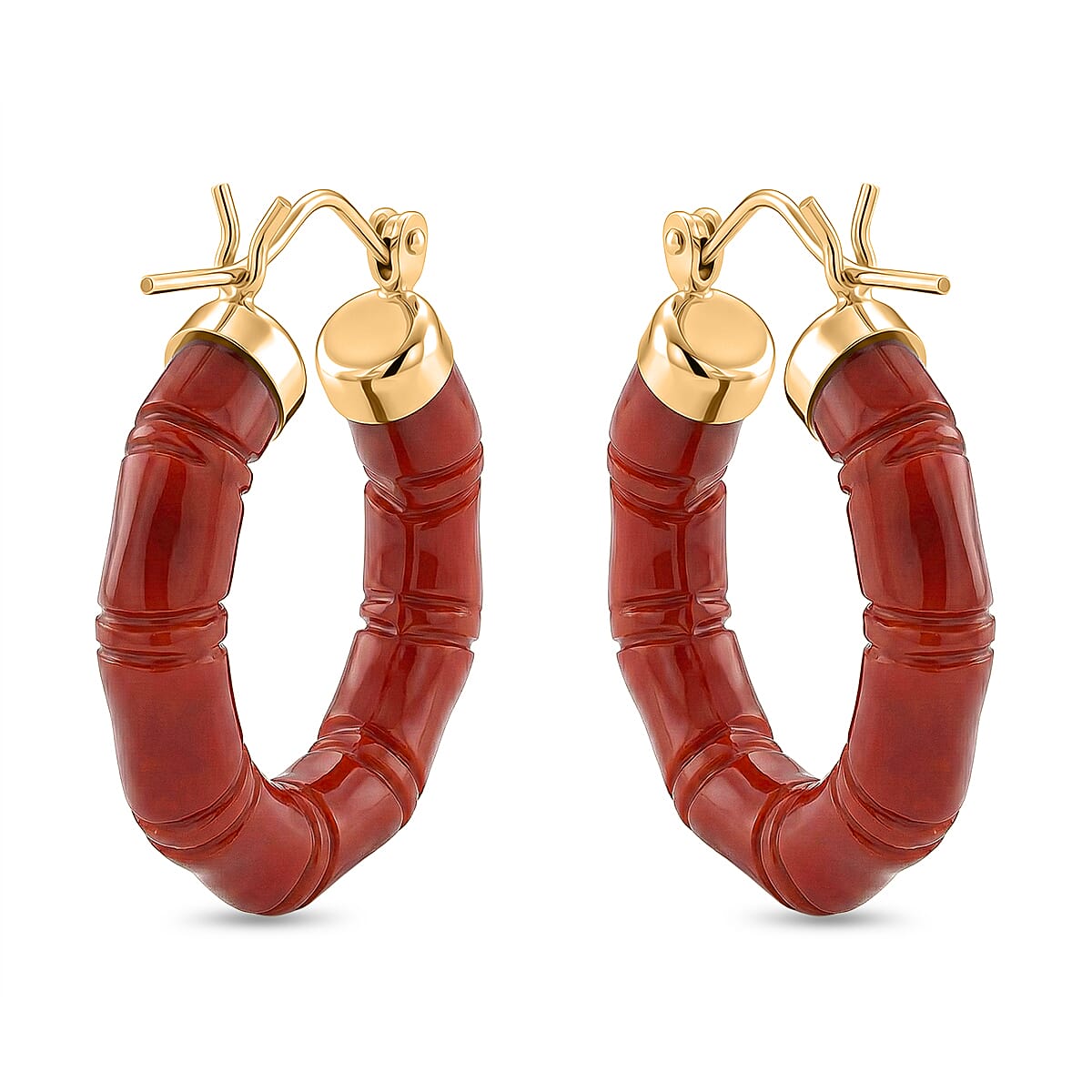 D'Joy Enhanced Natural Red Jade Hoop Earrings with Clasp in Yellow Gold Plated Sterling Silver 20.00 Ct.