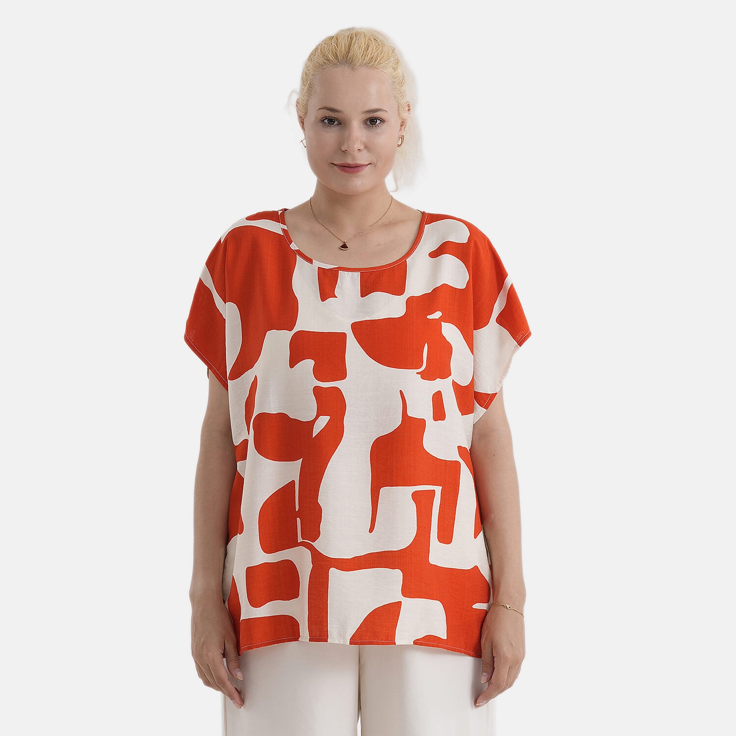 Styled By Abstract Print Round Neck Top (One Size) - Red