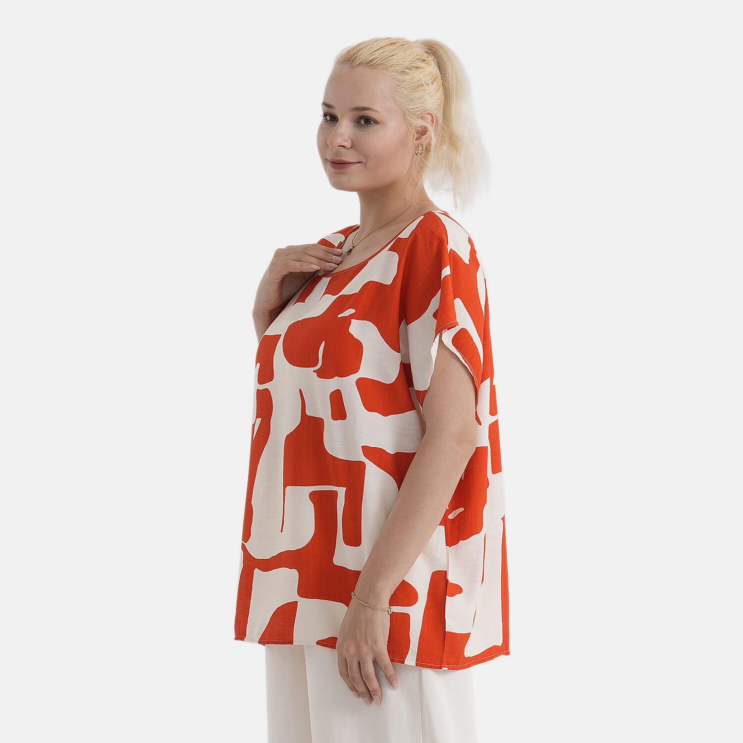 Styled By Abstract Print Round Neck Top (One Size) - Red