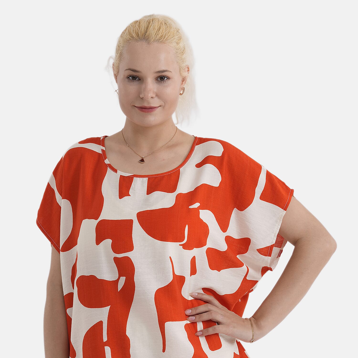 Styled By Abstract Print Round Neck Top (One Size) - Red