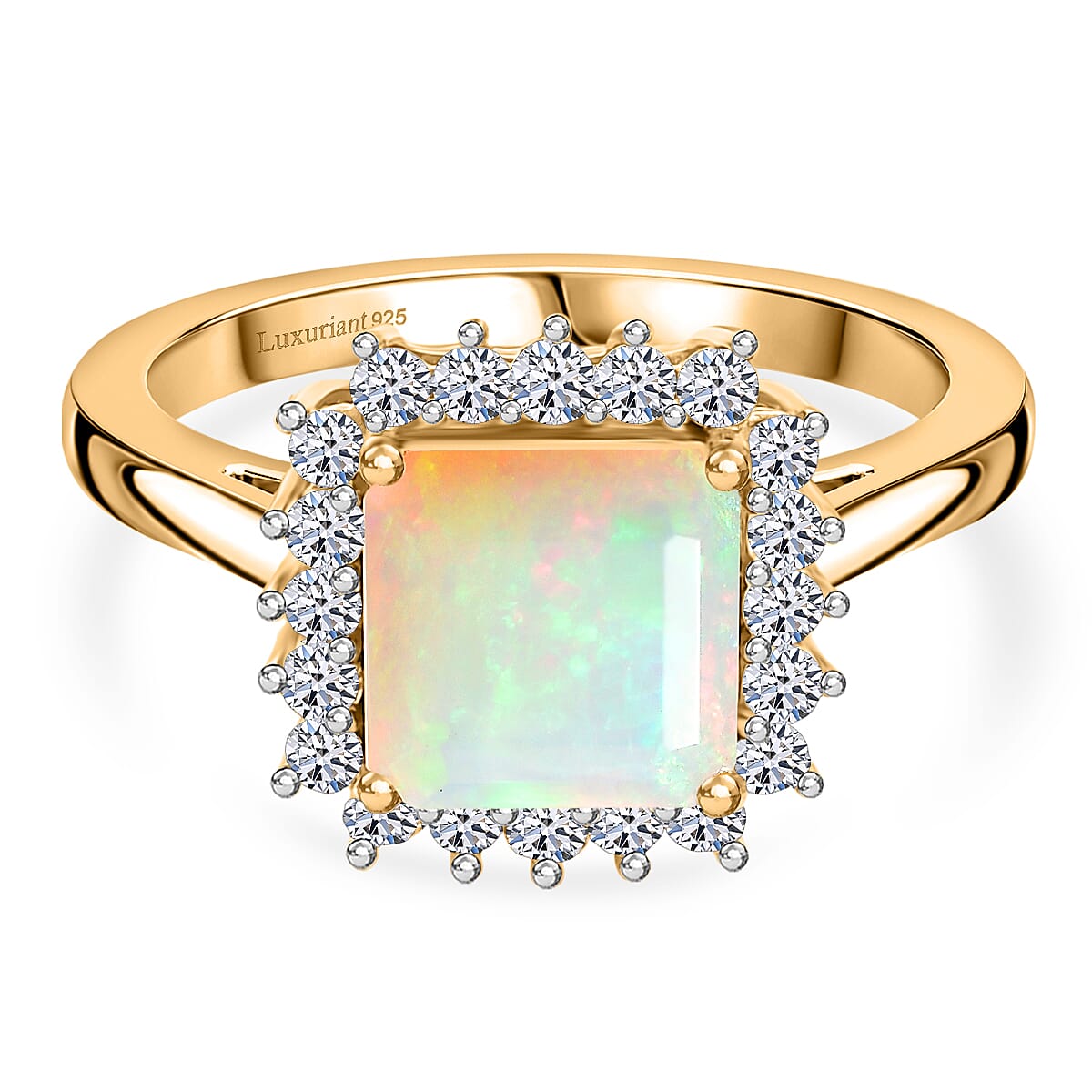LUXURIANT Premium Faceted Ethiopian Opal & SI-G-H Lab Grown Diamond Ring in 18K Vermeil Yellow Gold Plated Sterling Silver 1.64 Ct.