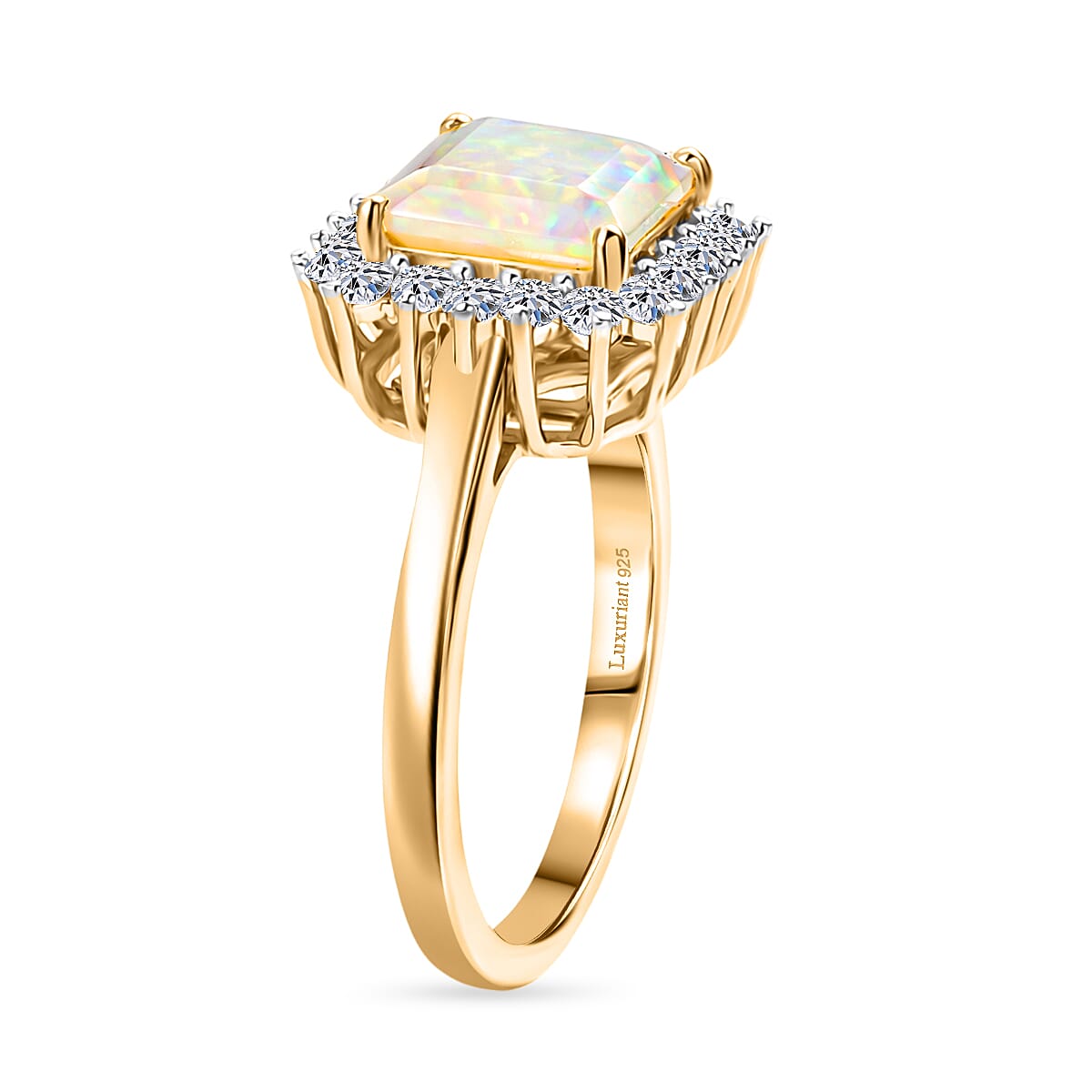 LUXURIANT Premium Faceted Ethiopian Opal & SI-G-H Lab Grown Diamond Ring in 18K Vermeil Yellow Gold Plated Sterling Silver 1.64 Ct.